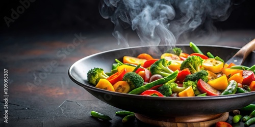 Fresh vegetables being fried in a sizzling pan , healthy, cooking, food, vegetarian, nutrition, delicious photo