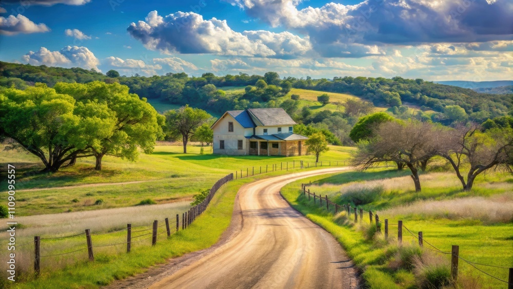 Fototapeta premium Picturesque country road with a house in the background against rolling hills of Marble Falls, Texas , country road