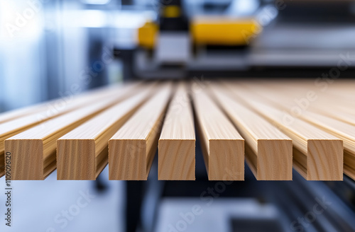 Detailed shot of wooden boards on a clean industrial surface, emphasizing their fine craftsmanship and precision