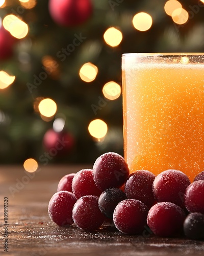 Festive holiday drink with cranberries and Christmas lights photo