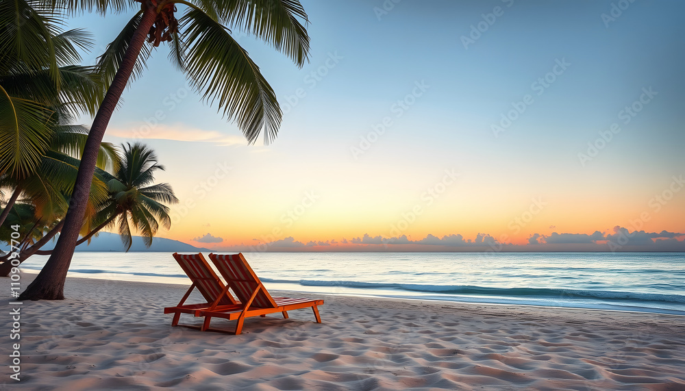 Obraz premium calm evening at the sandy tropical beach with two deck chairs with a white accent, png