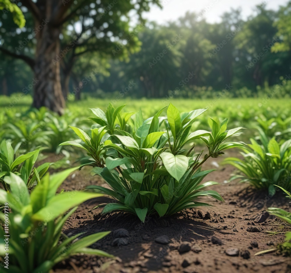Obraz premium Emerging shoots of Alstonia scholaris in a lush green field , plants, green field