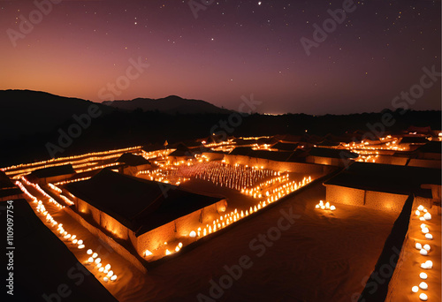 illuminated village with rows of diyas at night
 photo