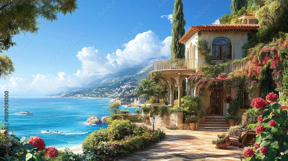 Obraz premium Amazing view of a beach house with a beautiful garden and a stunning ocean view. 