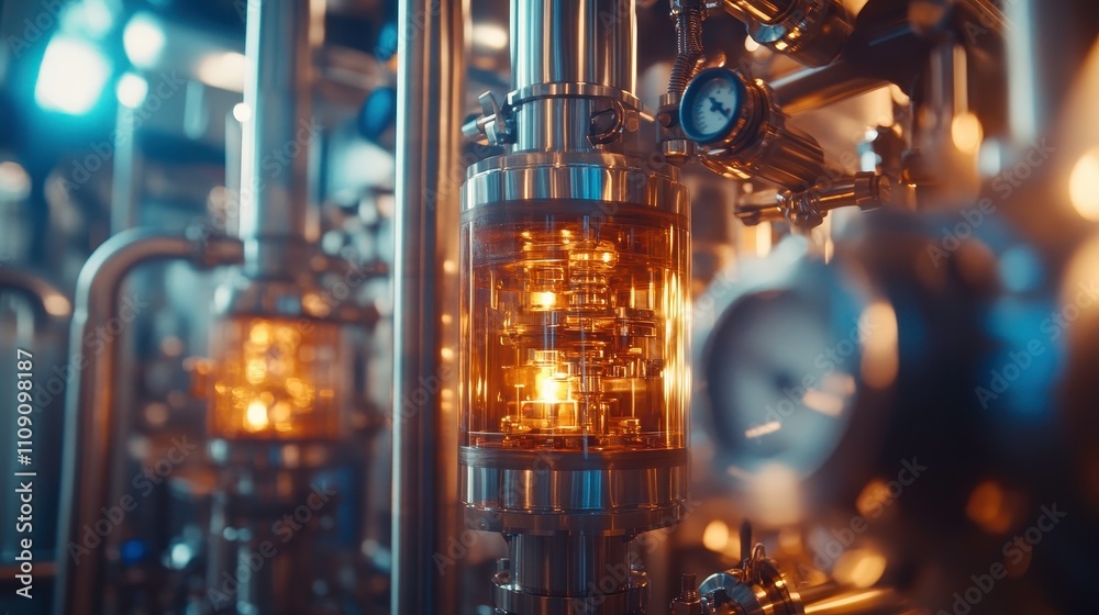Fototapeta premium Industrial equipment close-up with glowing elements