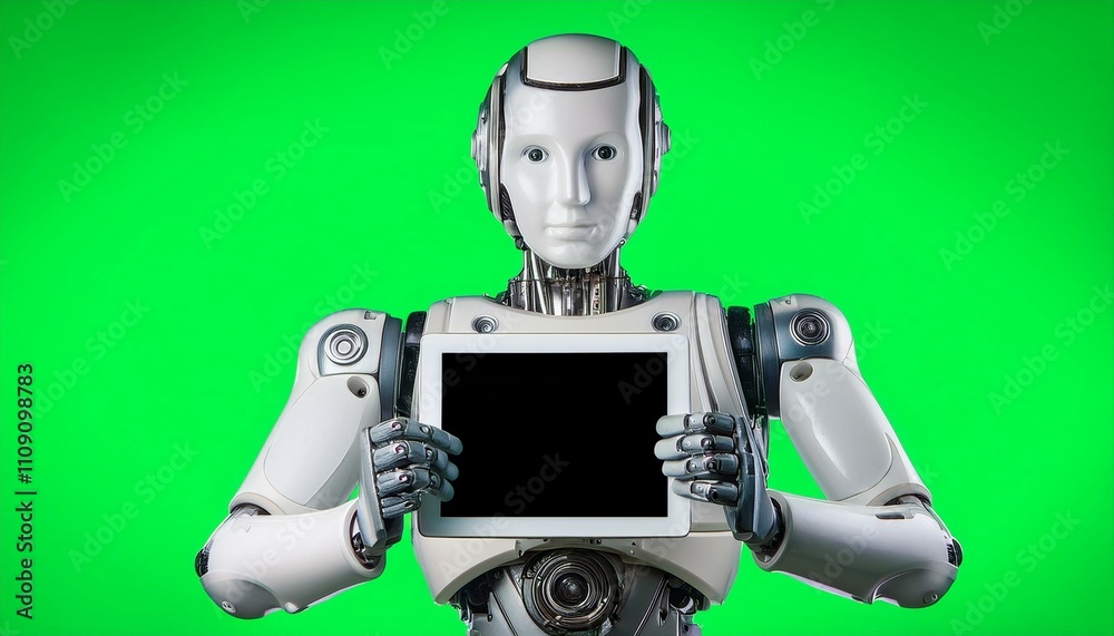 Naklejka premium Futuristic AI Robot Using Digital Tablet – A Glimpse Into Tomorrow’s Technology