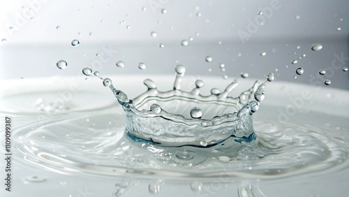 Water droplets splashing on a white surface, reflections, droplets