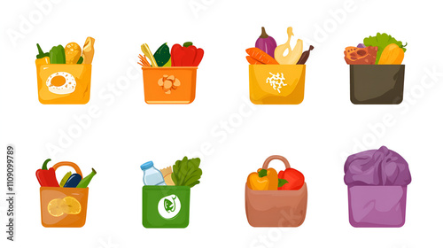 Assorted grocery bags brimming with vibrant fruits and vegetables, showcasing healthy eating and sustainable shopping practices. photo