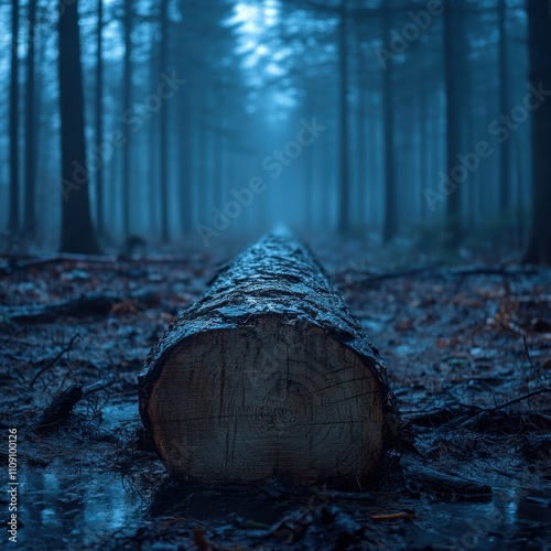 A fallen log rests in a misty forest, creating a serene yet eerie atmosphere, Ideal for designs related to nature, wilderness, or environmental themes, photo