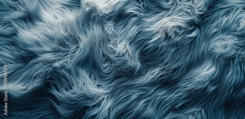 An abstract image showcasing tangled, flowing strands resembling soft fur in shades of blue and white, ideal for backgrounds in creative projects, textiles, or fashion design,