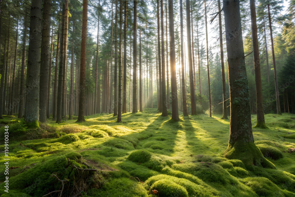 Sunlit Pine Forest with Mossy Ground Sunlit Pine Forest with Mossy Ground