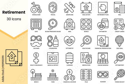 Set of retirement icons. Simple line art style icons pack. Vector illustration