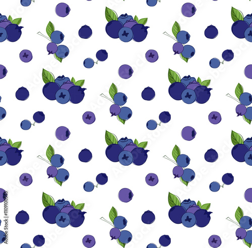 Seamless blueberry pattern in graphic outline style. vector illustration of tasty bilberries, blueberries or huckleberries.