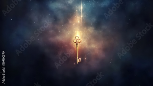 A mystical golden key is set against a cosmic backdrop of stars and nebulae, symbolizing discovery and unlocking potential, Ideal for themes of adventure, mystery, or personal growth,