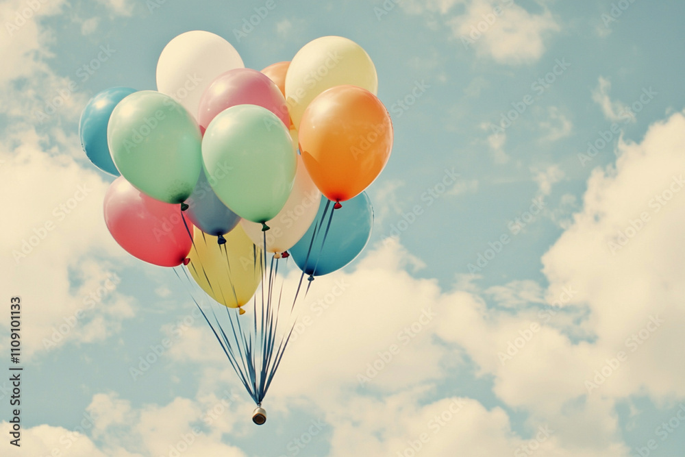 Fototapeta premium Colorful balloons float against a blue sky with white clouds