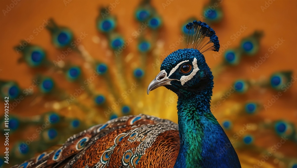 Obraz premium Vibrant peacock with feathers spread, against an orange and yellow background.