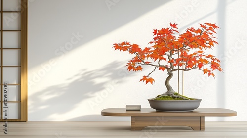 A vibrant bonsai tree with orange leaves sits elegantly on a wooden table, creating a tranquil atmosphere in a minimalist setting.