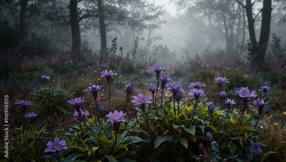 Obraz premium Vibrant purple flowers in a misty setting.