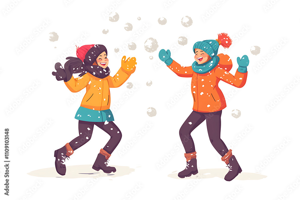 Two children play joyfully in the snow, surrounded by falling snowflakes.