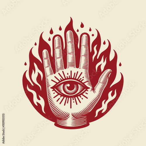 Stylized red hand illustration with an all-seeing eye in the palm, surrounded by flames and drops. Esoteric, mystical design with vintage engraving style, perfect for spiritual or occult themes