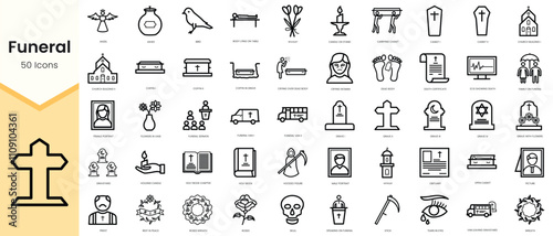 Set of funeral icons. Simple line art style icons pack. Vector illustration