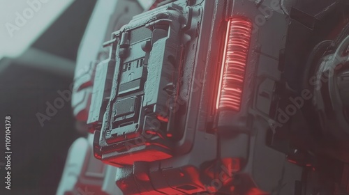 Close-up of futuristic mech's back panel with glowing red lights and intricate details. photo