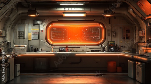 Fototapeta Naklejka Na Ścianę i Meble -  Futuristic spaceship interior with orange illuminated control panel and empty work station.