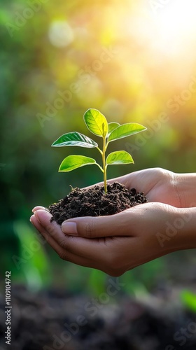 Wallpaper Mural Children's hands holding a young plant with sunlight on green nature background. Eco Earth Day concept. Torontodigital.ca