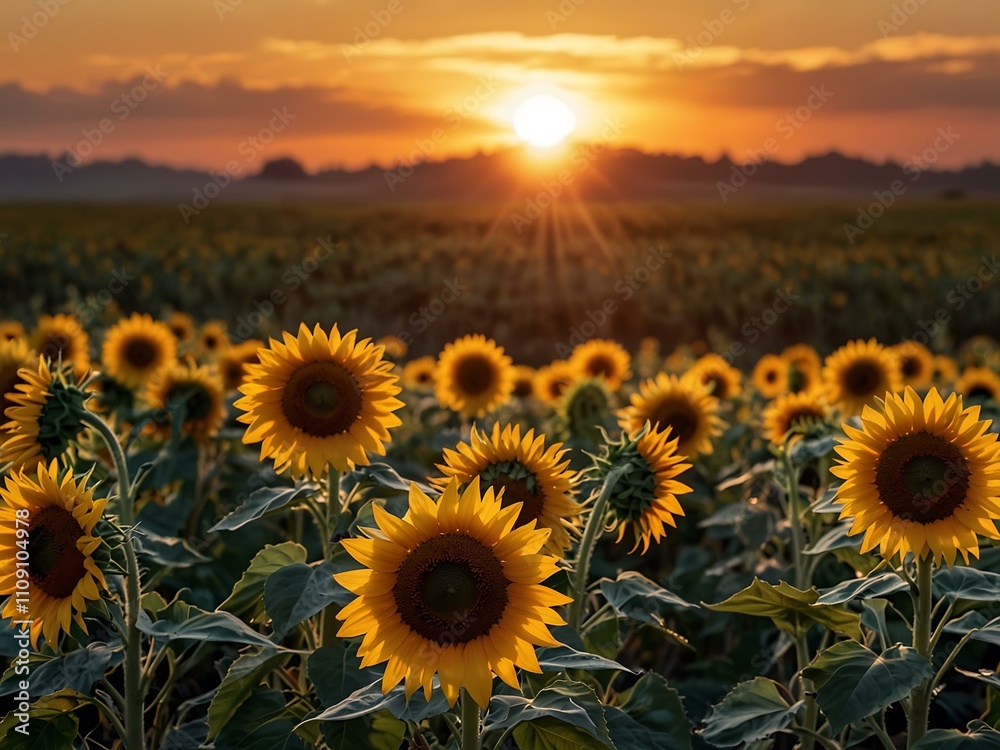 Obraz premium Vibrant sunflower field at sunset, emphasizing long shadows and details.