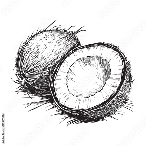 Coconut vector illustrations - hand drawn coconut - black and white coconut isolated on white background