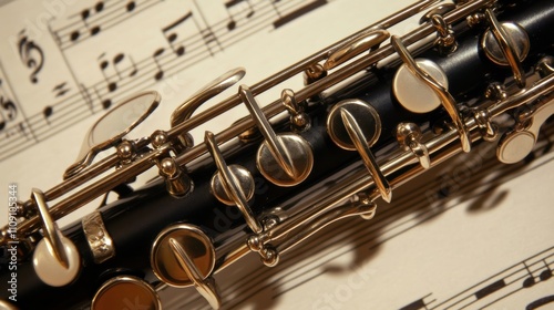 Close-up of oboe on sheet music.