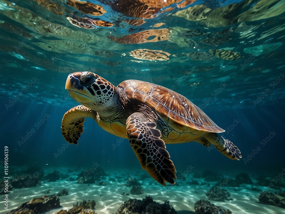 Fototapeta premium Vibrant underwater scene with a sea turtle swimming gracefully.