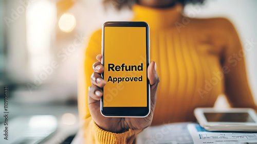 Person holding smartphone displaying refund approved notice, smiling