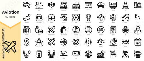 Set of aviation icons. Simple line art style icons pack. Vector illustration