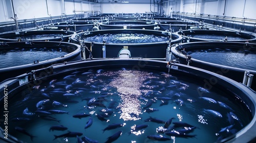 Industrial fish farming in large tanks feeding fish
