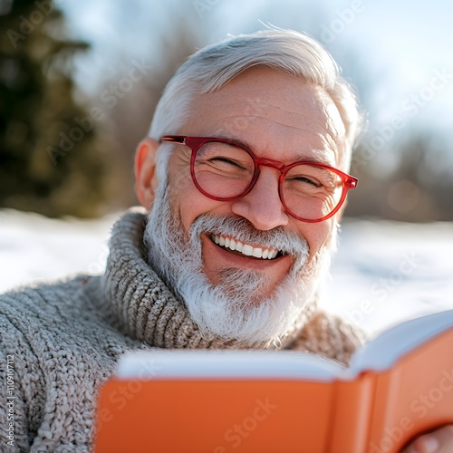 Joyful senior man reading a book outdoors in winter photo