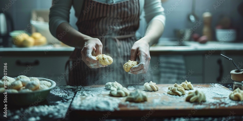 Obraz premium Woman Baking Cookies in a Soft Blue-Toned Kitchen, Woman Making Cookies with a Bluish Glow 