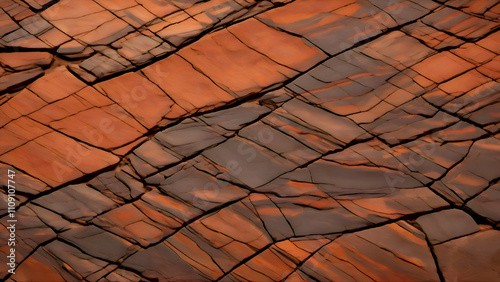 Striking, textured rock formations, displaying warm orange & muted dark tones with cracks, highlighting the intricate patterns & natural beauty; with ample space for text.
