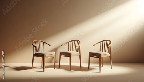 Three wooden chairs with curved backs and padded seats arranged in soft studio lighting