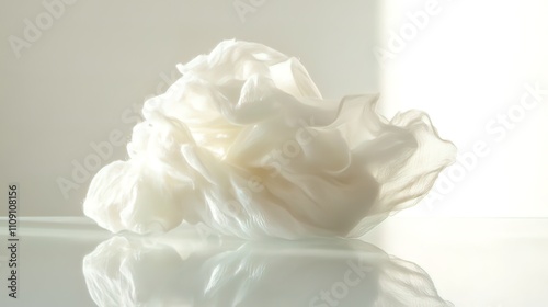 Abstract image of a white, crumpled fabric or cream on a reflective surface, illuminated by soft sunlight.