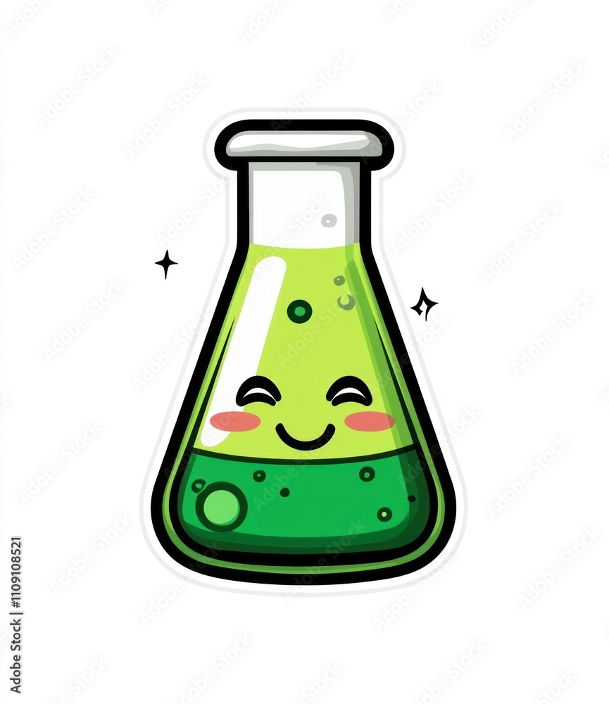 Cute cartoon beaker with a happy face, filled with green liquid. Cute cartoon beaker with a happy face, filled with green liquid.