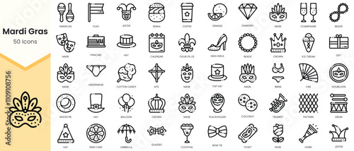 Set of mardi-gras Icons. Simple Outline style icons pack. Vector illustration