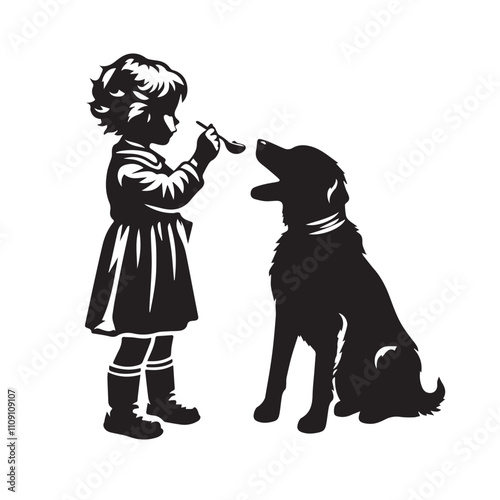 Child feeding dog vector silhouette.