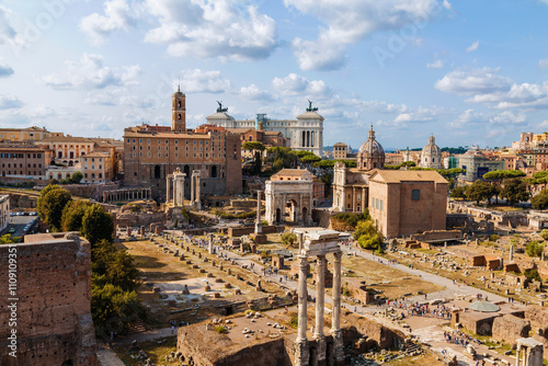 Panorama of the Roman forum, view from above. Rome, Italy