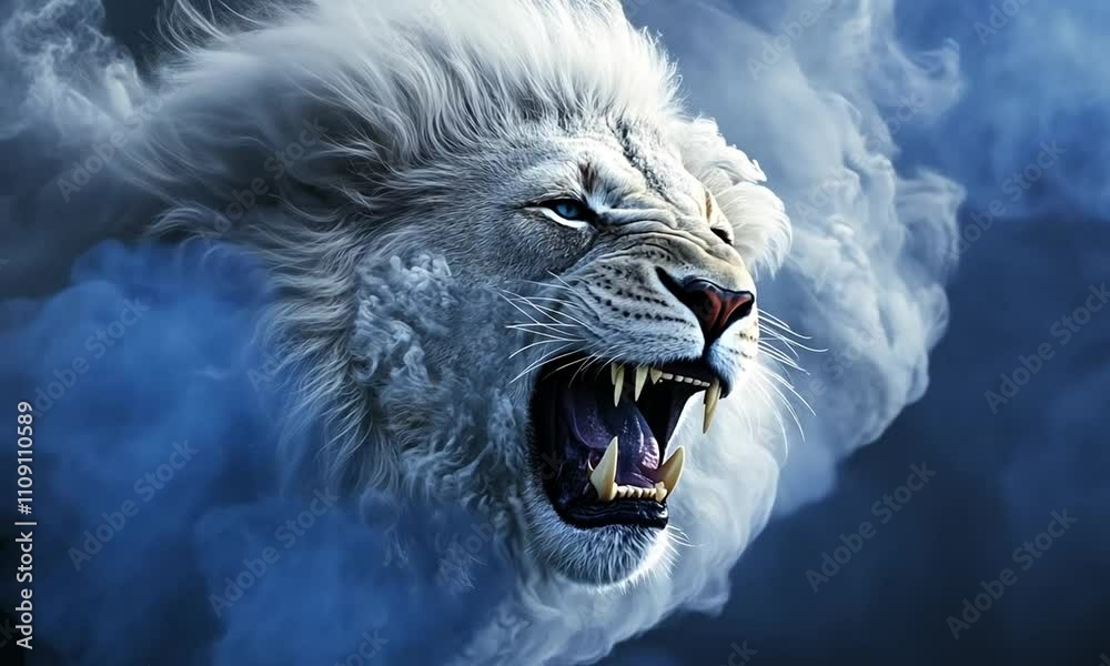 A fierce, ethereal white lion roaring amidst swirling clouds, evoking power and majesty.