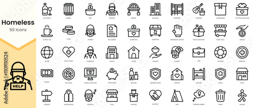Simple Outline Set of homeless icons. Linear style icons pack. Vector illustration