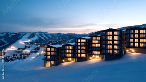 Modern ski resort illuminated at dusk in snowy landscape photo