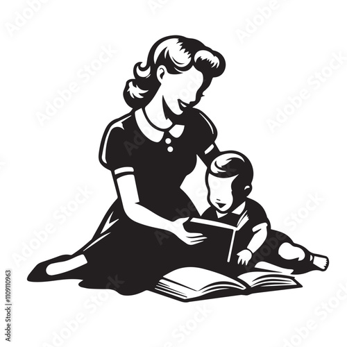 Mother and child reading together vector silhouette design. Mother's Day concept illustration.