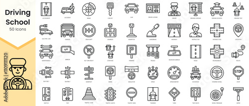 Simple Outline Set of driving school icons. Linear style icons pack. Vector illustration