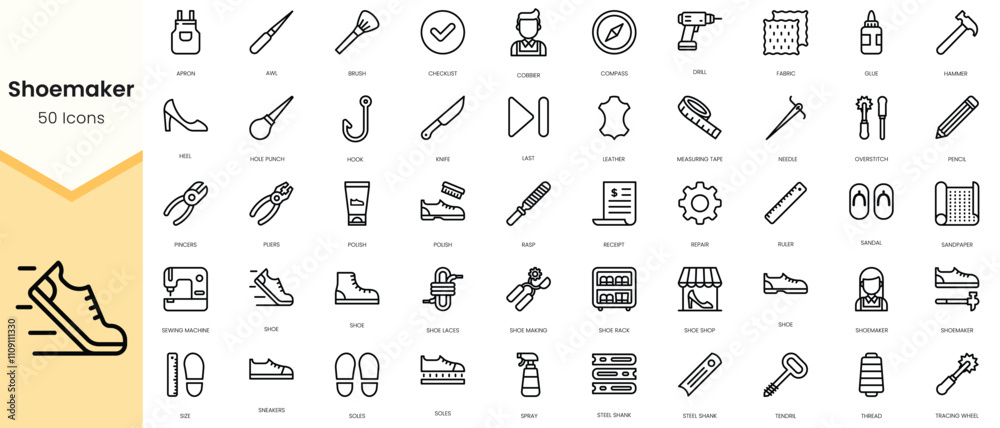Simple Outline Set of shoemaker icons. Linear style icons pack. Vector illustration